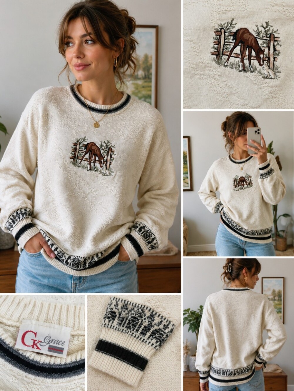 Vintage CK Grace Canada 100% Cotton Horse Rabbit Embroidered Knit Cottagecore - Picture 1 of 7